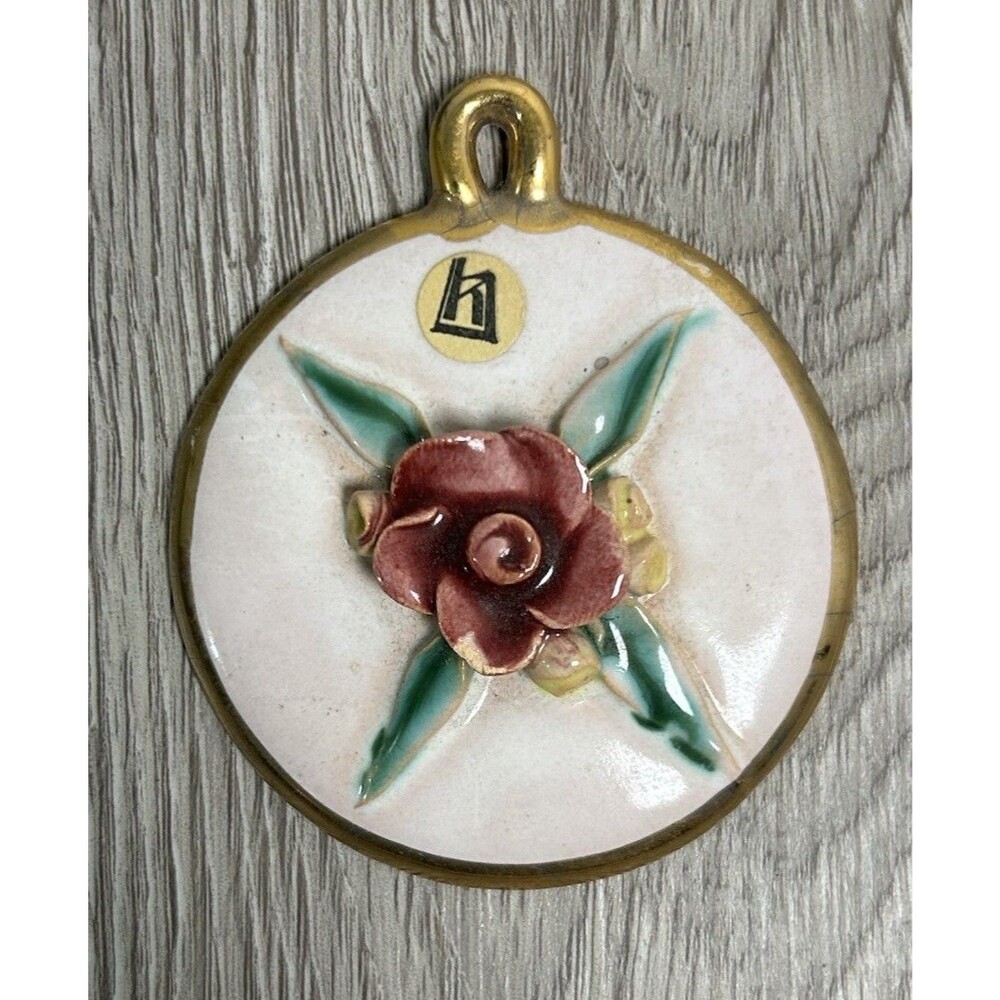 Vintage Enamel & Ceramic Floral Rose Pendant Ornament Cottage Core
